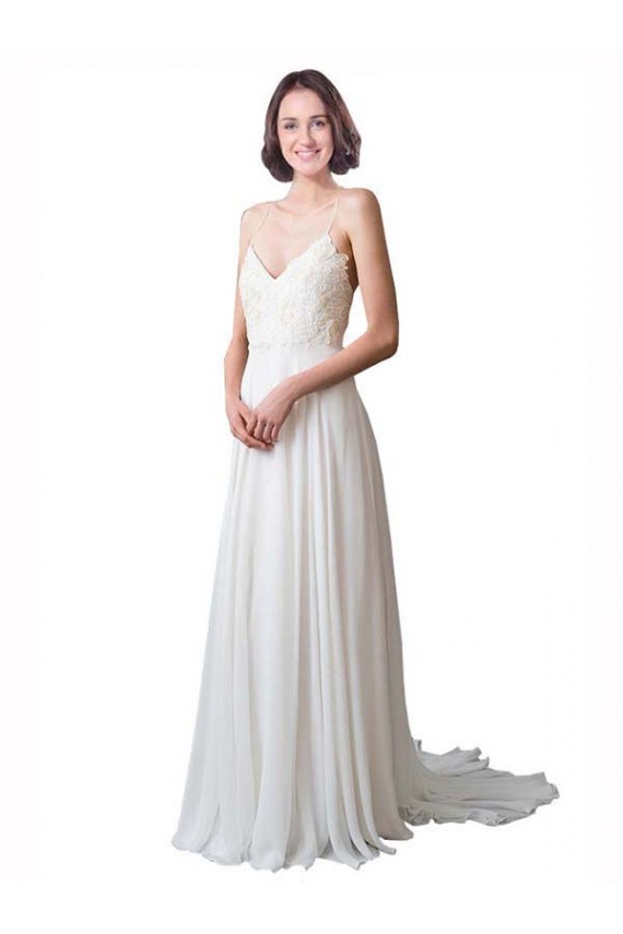 Elfenbein A-Linien Spaghetti-Träger V-Ausschnitt Kapelle-schleppe Chiffon Spitze Strand Brautkleider Lieferanten