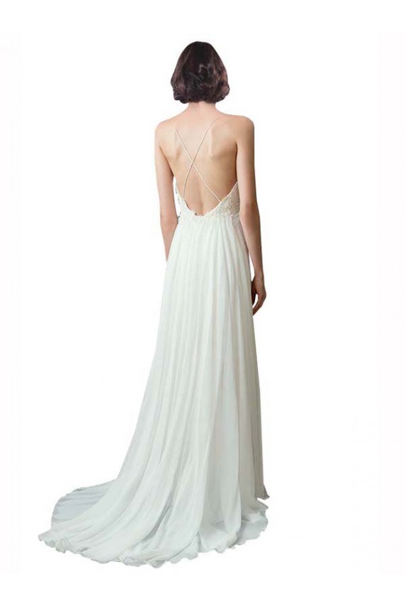 Elfenbein A-Linien Spaghetti-Träger V-Ausschnitt Kapelle-schleppe Chiffon Spitze Strand Brautkleider Lieferanten