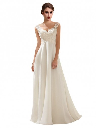 Elfenbein A-Linien V-Ausschnitt Sweep Zug Chiffon Spitze Brautkleider Lieferanten