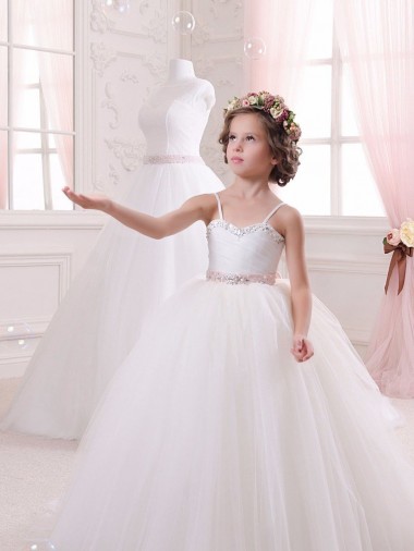 Elfenbein Prinzessin Kapelle-schleppe Tüll Lange Blumenmädchenkleider Lieferanten