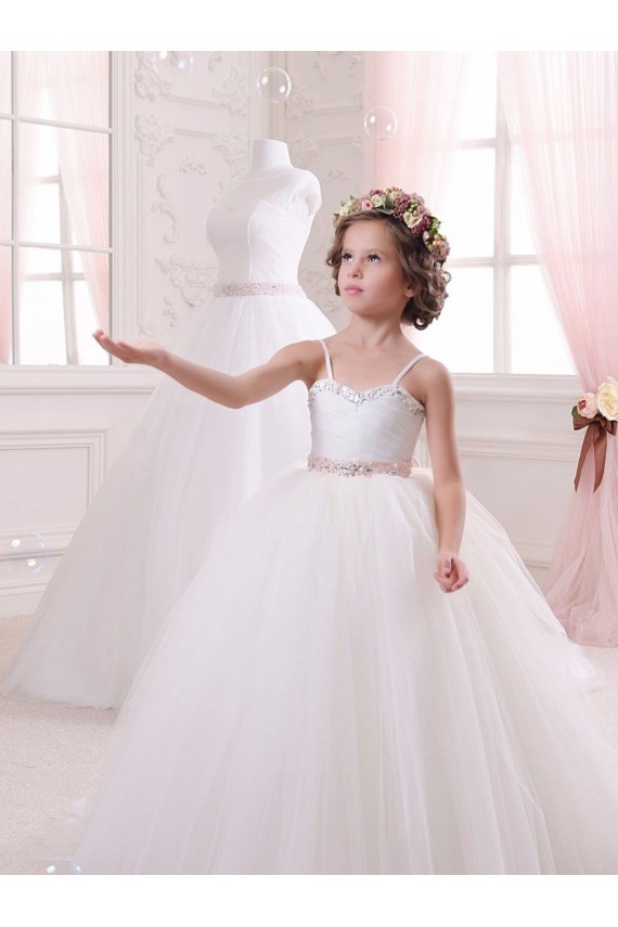 Elfenbein Prinzessin Kapelle-schleppe Tüll Lange Blumenmädchenkleider Lieferanten