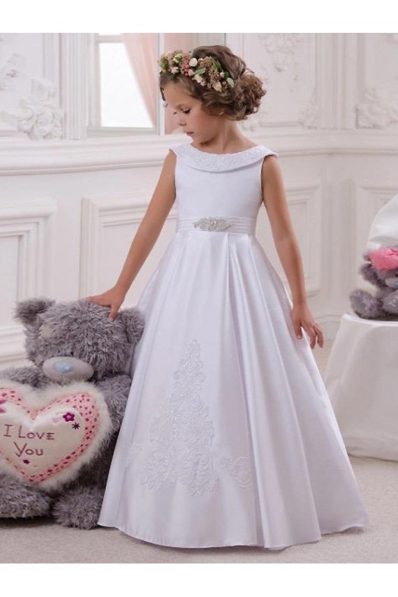 Elfenbein Prinzessin Satin Spitze Lange Blumenmädchenkleider Lieferanten