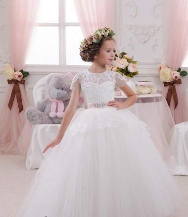 Elfenbein Prinzessin Tüll Spitze Lange Blumenmädchenkleider Lieferanten