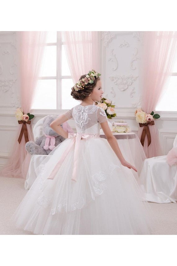 Elfenbein Prinzessin Tüll Spitze Lange Blumenmädchenkleider Lieferanten