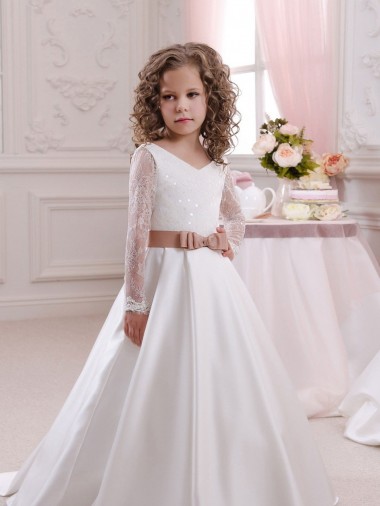 Elfenbein Prinzessin V-Ausschnitt Kapelle-schleppe Satin Spitze Lange Blumenmädchenkleider Lieferanten