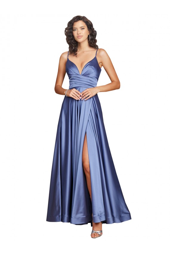 Französisch Blau A-Linien Spaghetti-Träger Seidiger Satin Lange Formale Brautjungfernkleider / Abendkleider / Abiballkleider Lieferanten
