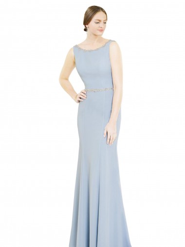 Helles Himmelblau A-Linien Bootshals Stehkragen Ausschnitt Chiffon Lange Brautjungfernkleider Lieferanten