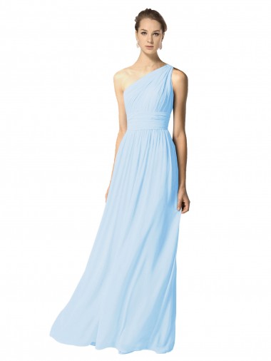 Helles Himmelblau A-Linien Eine-Schulter Chiffon Lange Brautjungfernkleider Lieferanten