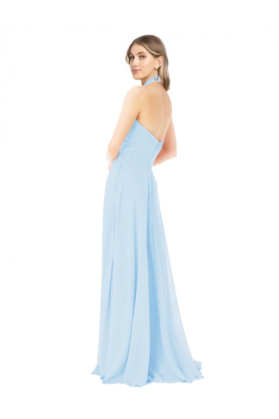 Helles Himmelblau A-Linien Neckholder Stehkragen Ausschnitt Chiffon Lange Brautjungfernkleider Lieferanten