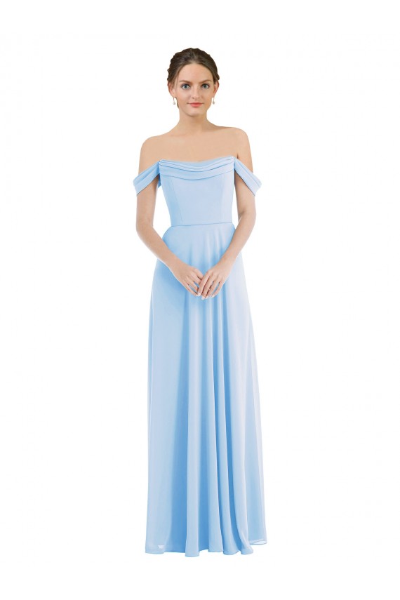 Helles Himmelblau A-Linien Off-Schulter Chiffon Lange Formale Brautjungfernkleider / Abendkleider Lieferanten