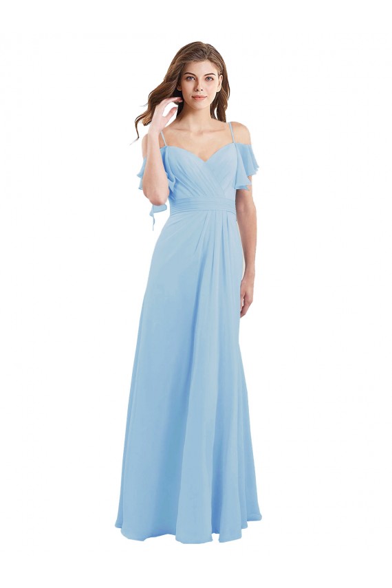 Helles Himmelblau A-Linien Spaghetti-Träger Chiffon Lange Brautjungfernkleider Lieferanten