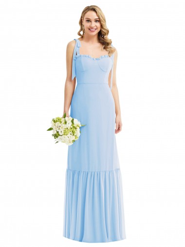 Helles Himmelblau A-Linien Spaghetti-Träger Chiffon Lange Brautjungfernkleider Lieferanten