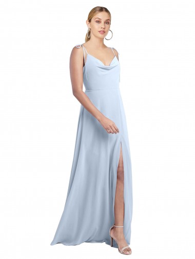 Helles Himmelblau A-Linien Spaghetti-Träger Haube Ausschnitt Chiffon Lange Brautjungfernkleider Lieferanten