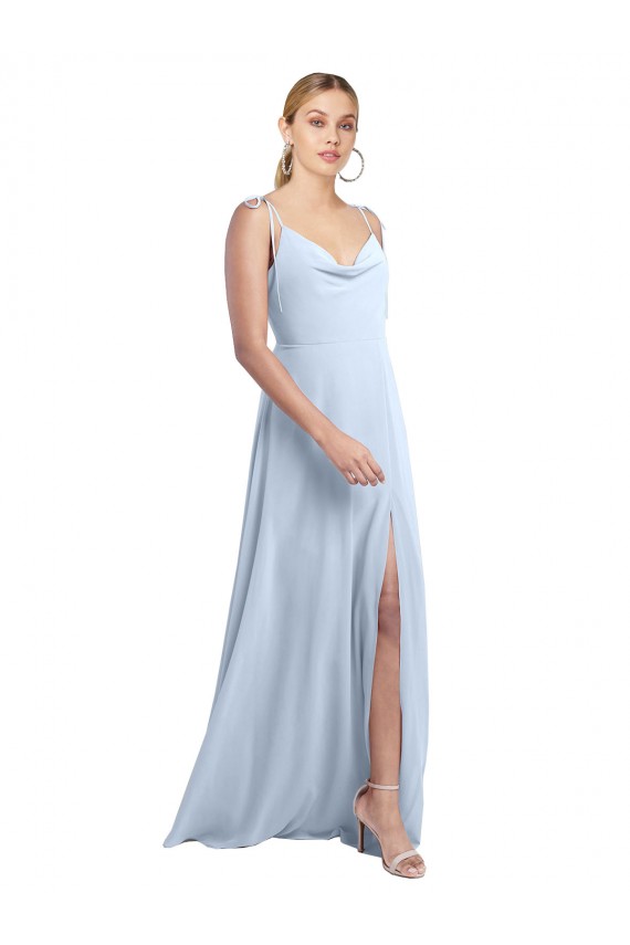 Helles Himmelblau A-Linien Spaghetti-Träger Haube Ausschnitt Chiffon Lange Brautjungfernkleider Lieferanten