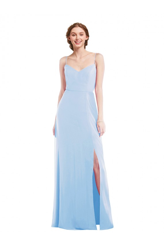 Helles Himmelblau A-Linien Spaghetti-Träger V-Ausschnitt Chiffon Lange Formale Brautjungfernkleider / Abendkleider Lieferanten