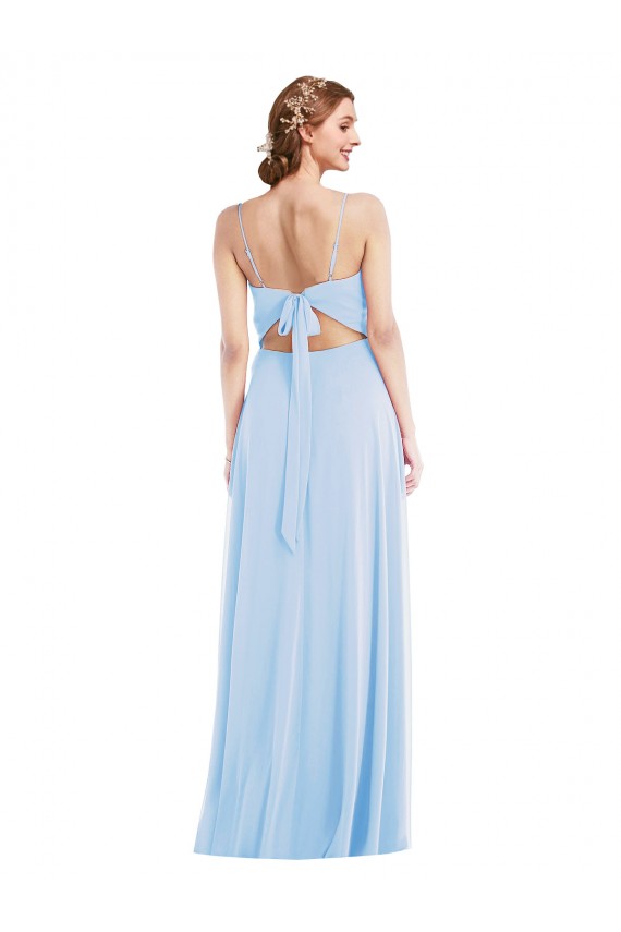 Helles Himmelblau A-Linien Spaghetti-Träger V-Ausschnitt Chiffon Lange Formale Brautjungfernkleider / Abendkleider Lieferanten