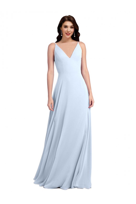 Helles Himmelblau A-Linien V-Ausschnitt Chiffon Lange Brautjungfernkleider Lieferanten