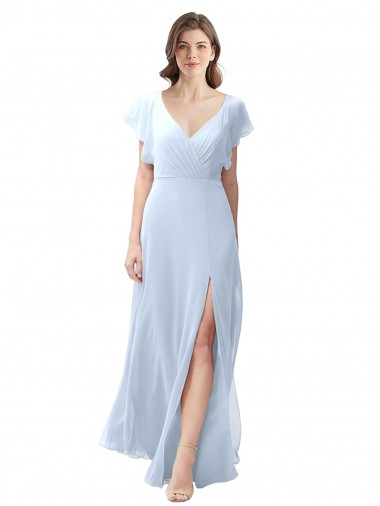 Helles Himmelblau A-Linien V-Ausschnitt Chiffon Lange Brautjungfernkleider Lieferanten
