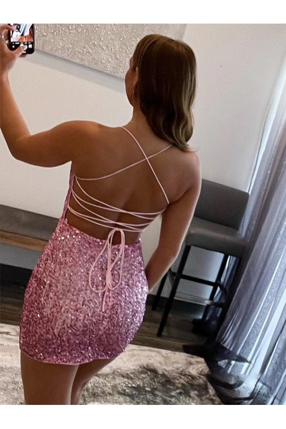Hot Rosa Etui Spaghetti-Träger Kurze Samt Paillette Kurze Abiballkleider Lieferanten