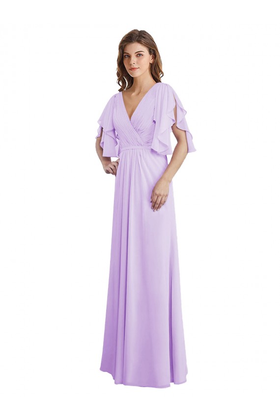 Lila A-Linien V-Ausschnitt Chiffon Lange Brautjungfernkleider Lieferanten
