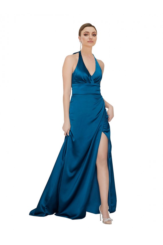Pfauenblau A-Linien Neckholder Seidiger Satin Lange Formale Brautjungfernkleider / Abendkleider / Abiballkleider Lieferanten