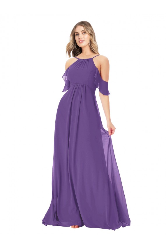 Pflaume Lila A-Linien Off-Schulter Stehkragen Ausschnitt Chiffon Lange Brautjungfernkleider Lieferanten