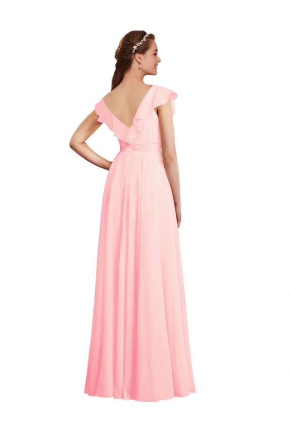 Rosa A-Linien V-Ausschnitt Chiffon Lange Brautjungfernkleider Lieferanten