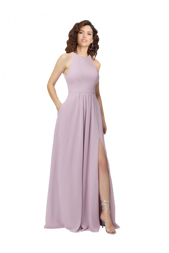 Rosa Leuchten A-Linien Neckholder Stehkragen Ausschnitt Chiffon Lange Brautjungfernkleider Lieferanten