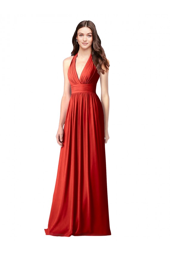 Rot A-Linien Neckholder V-Ausschnitt Chiffon Lange Brautjungfernkleider Lieferanten