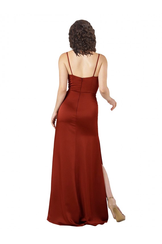 Rot A-Linien Spaghetti-Träger Quadrat Ausschnitt Seidiger Satin Lange Formale Brautjungfernkleider / Abendkleider / Abiballkleider Lieferanten