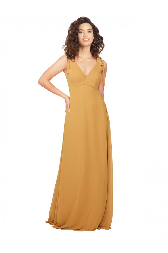 Safran A-Linien V-Ausschnitt Chiffon Lange Brautjungfernkleider Lieferanten
