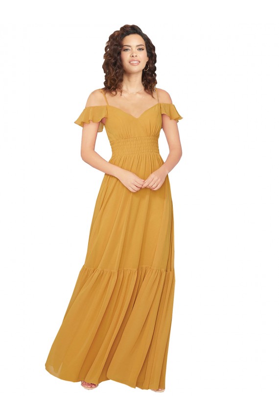 Safran A-Linien V-Ausschnitt Chiffon Lange Brautjungfernkleider Lieferanten