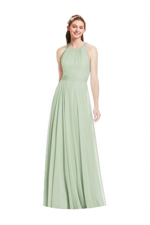 Salbeigrün A-Linien Neckholder Chiffon Lange Brautjungfernkleider Lieferanten