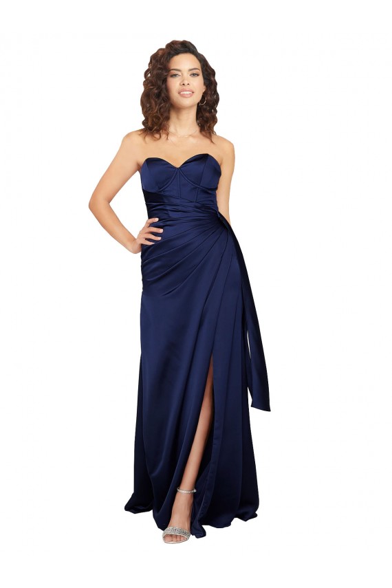Saphir A-Linien Trägerlos Seidiger Satin Lange Formale Brautjungfernkleider / Abendkleider / Abiballkleider Lieferanten