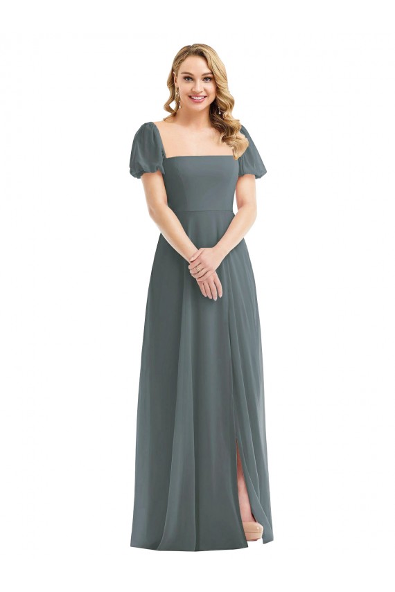 Schiefergrau A-Linien Quadrat Ausschnitt Chiffon Lange Brautjungfernkleider Lieferanten