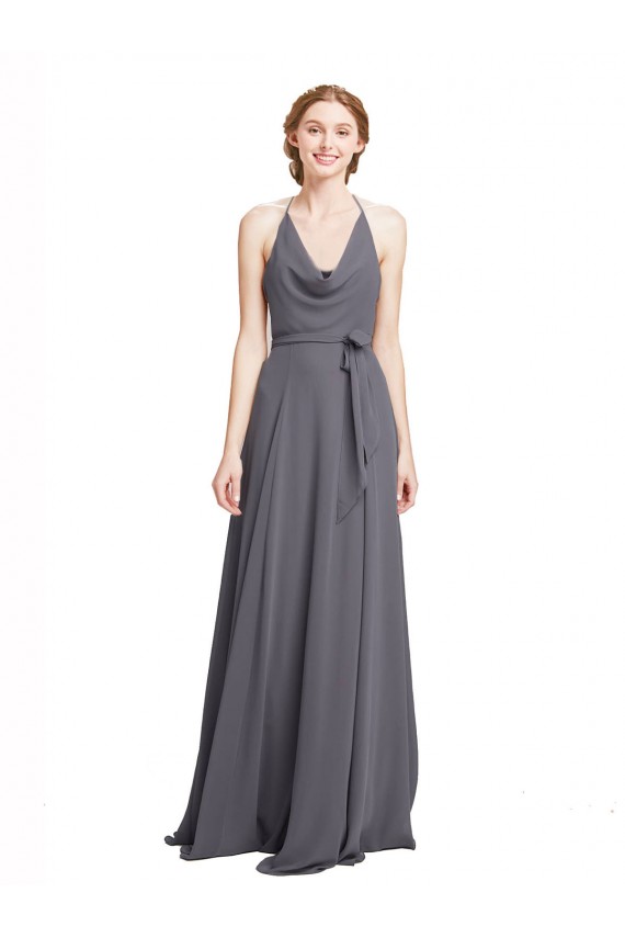 Schiefergrau A-Linien Spaghetti-Träger Neckholder Chiffon Lange Brautjungfernkleider Lieferanten