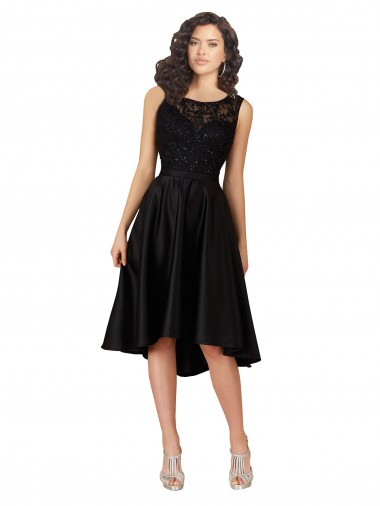 Schwarz A-Linien Illusion Ausschnitt Midi Satin Spitze Kurze Brautjungfernkleider / Cocktailkleider / Heimkehr Kleider Lieferanten