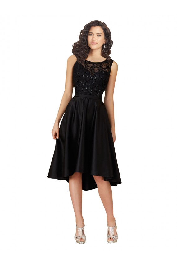 Schwarz A-Linien Illusion Ausschnitt Midi Satin Spitze Kurze Brautjungfernkleider / Cocktailkleider / Heimkehr Kleider Lieferanten