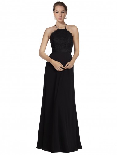 Schwarz A-Linien Neckholder Chiffon Spitze Lange Brautjungfernkleider Lieferanten