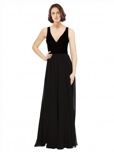 Schwarz A-Linien V-Ausschnitt Chiffon Samt Lange Brautjungfernkleider / Abiballkleider Lieferanten
