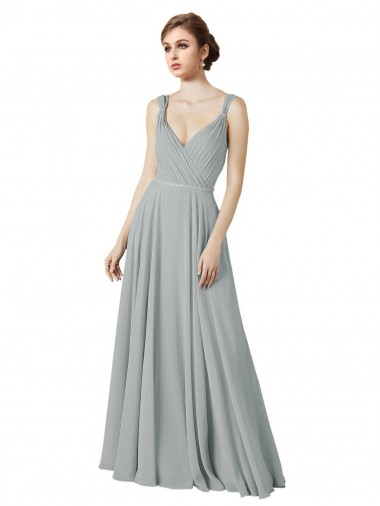 Silber A-Linien V-Ausschnitt Chiffon Lange Brautjungfernkleider Lieferanten