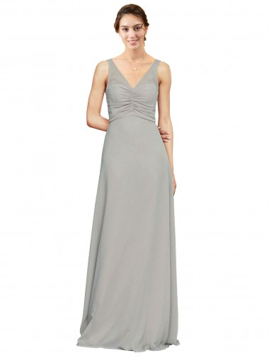 Silber A-Linien V-Ausschnitt Chiffon Lange Brautjungfernkleider Lieferanten