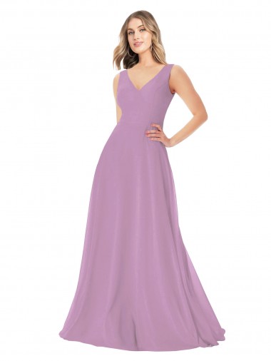 Staubiger Lavendel A-Linien V-Ausschnitt Chiffon Lange Brautjungfernkleider Lieferanten