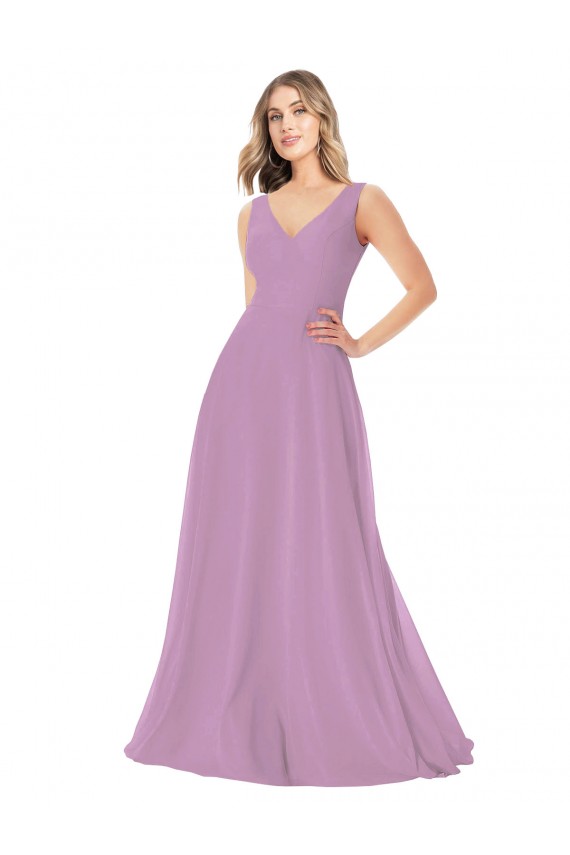 Staubiger Lavendel A-Linien V-Ausschnitt Chiffon Lange Brautjungfernkleider Lieferanten