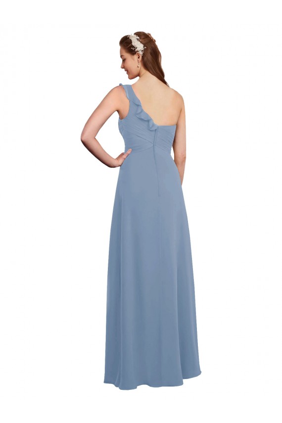 Staubiges Blau A-Linien Eine-Schulter Chiffon Lange Brautjungfernkleider Lieferanten