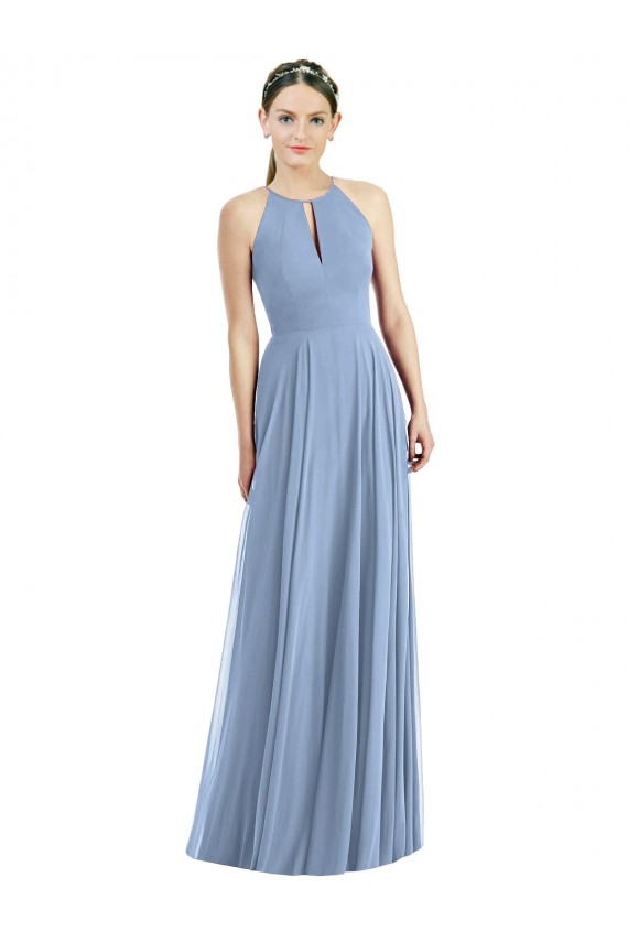 Staubiges Blau A-Linien Neckholder Chiffon Lange Brautjungfernkleider Lieferanten