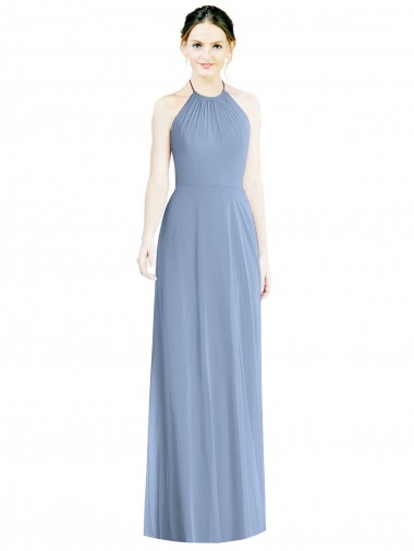 Staubiges Blau A-Linien Neckholder Chiffon Lange Brautjungfernkleider Lieferanten