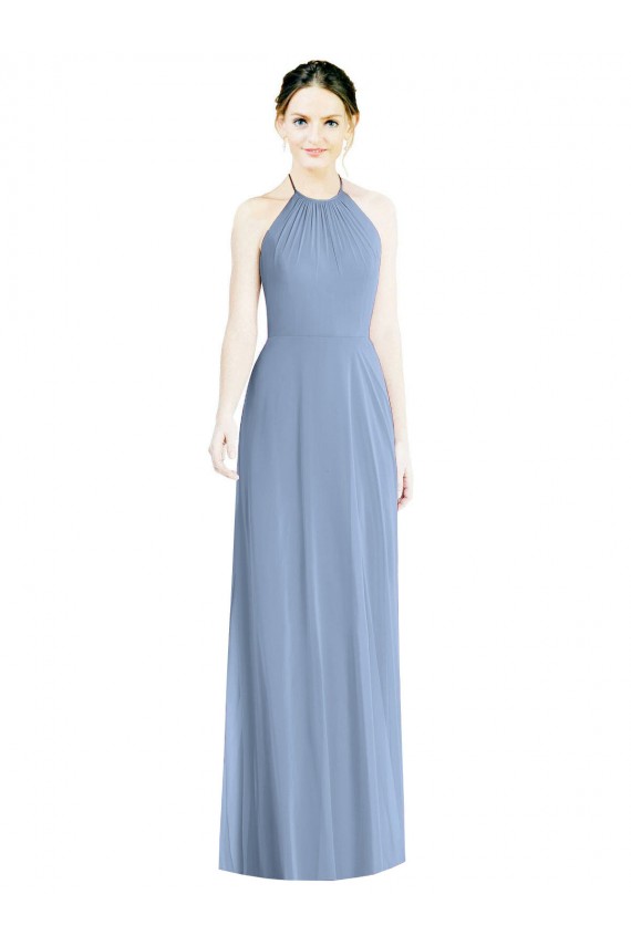 Staubiges Blau A-Linien Neckholder Chiffon Lange Brautjungfernkleider Lieferanten