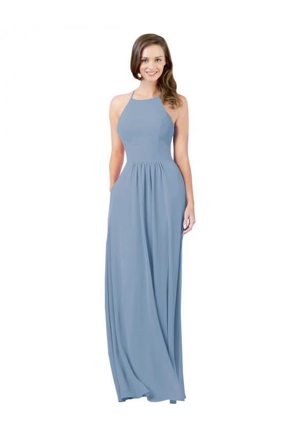 Staubiges Blau A-Linien Neckholder Chiffon Lange Brautjungfernkleider Lieferanten
