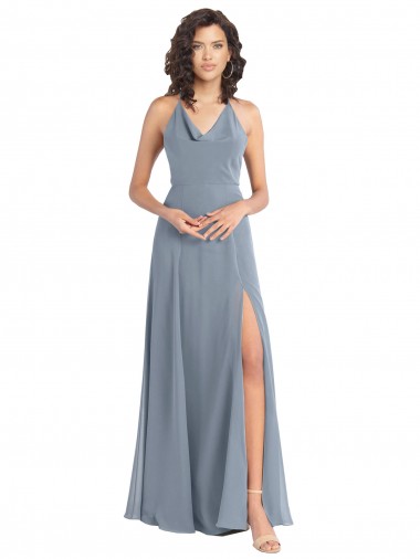 Staubiges Blau A-Linien Neckholder Haube Ausschnitt Chiffon Lange Brautjungfernkleider Lieferanten